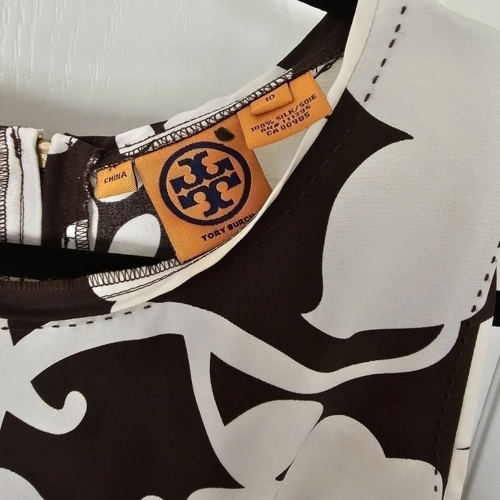 Tory Burch Silk Dress Size 10 Brown White Bold Floral A-Line Top Stitching